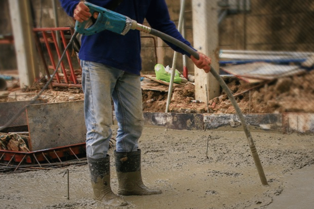 Operário realizando adensamento em laje via aluguel de vibrador de concreto profissional